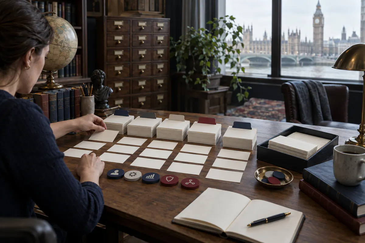 Researcher organising digital-intelligence concepts into a physical reference system