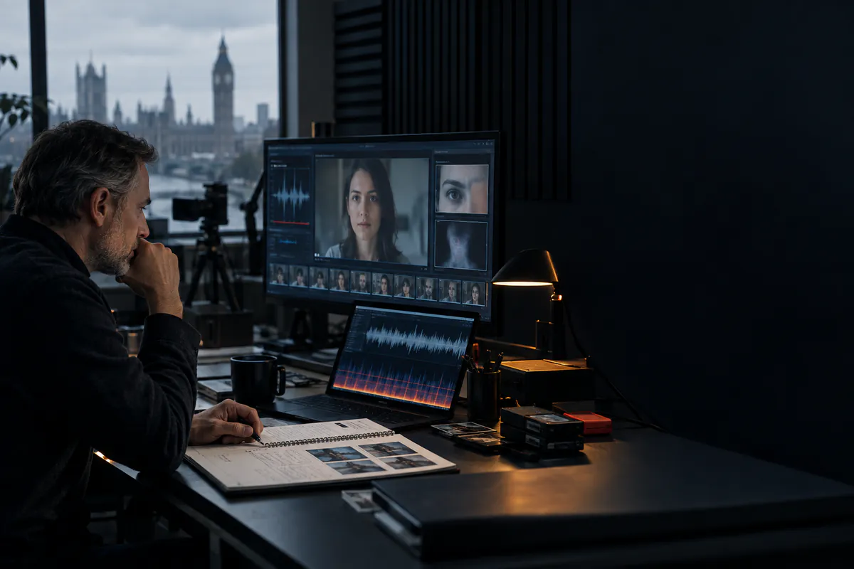 Media analyst comparing video frames, audio continuity and source provenance in a London laboratory