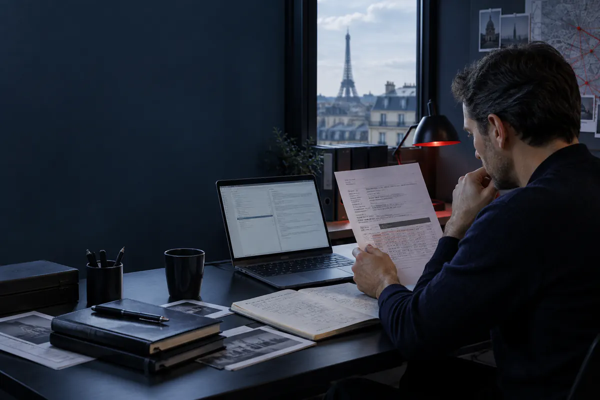 Analyste examinant prudemment un message suspect, son expéditeur et sa chronologie