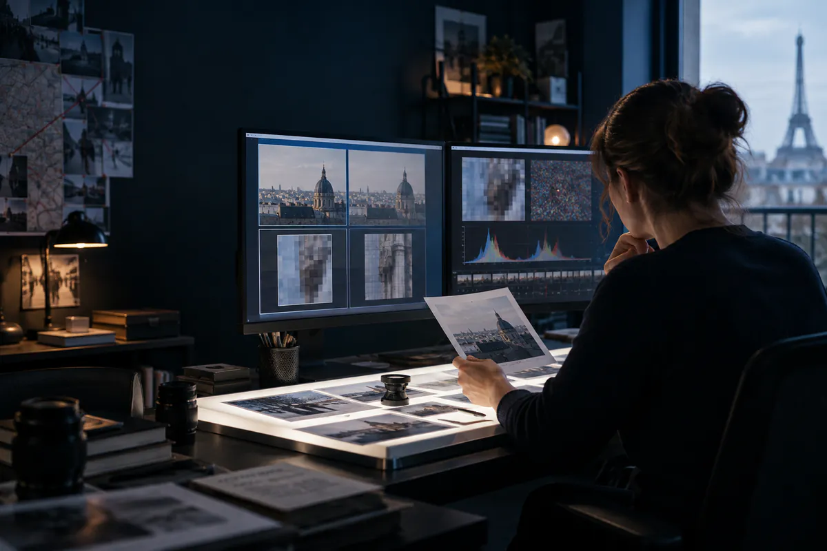 Analyste comparant une image, ses détails et sa provenance dans un studio de vérification parisien