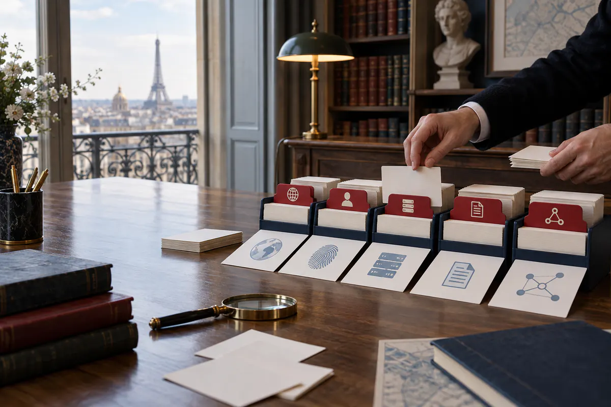 Documentaliste organisant les concepts du renseignement numérique dans un référentiel physique